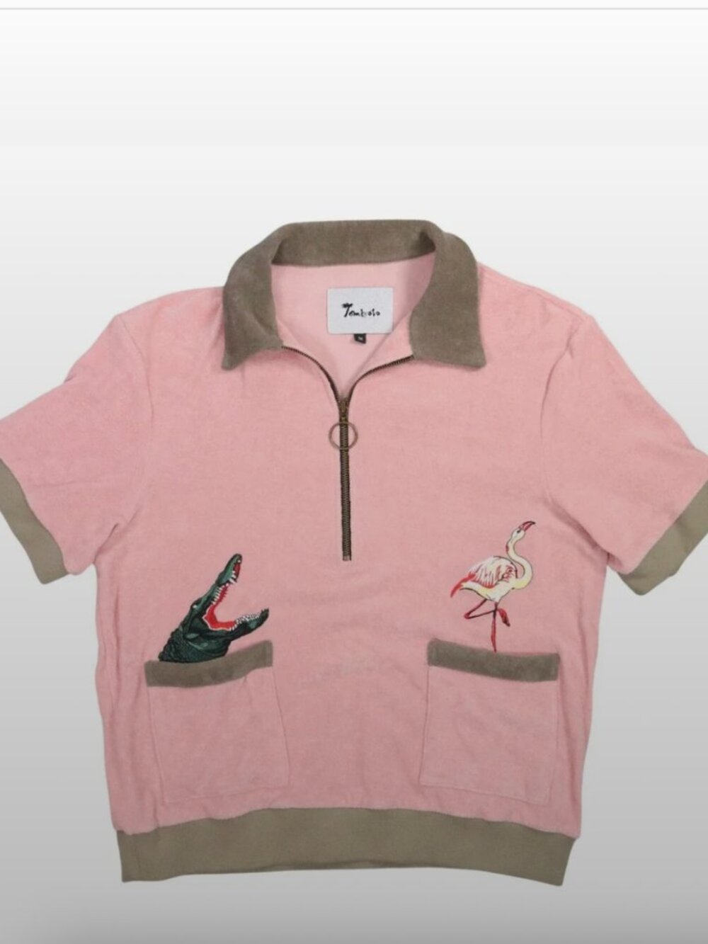 Tombolo Tavito Pink Terry Half-Zip Polo with Embroidered Flamingo & Crocodile